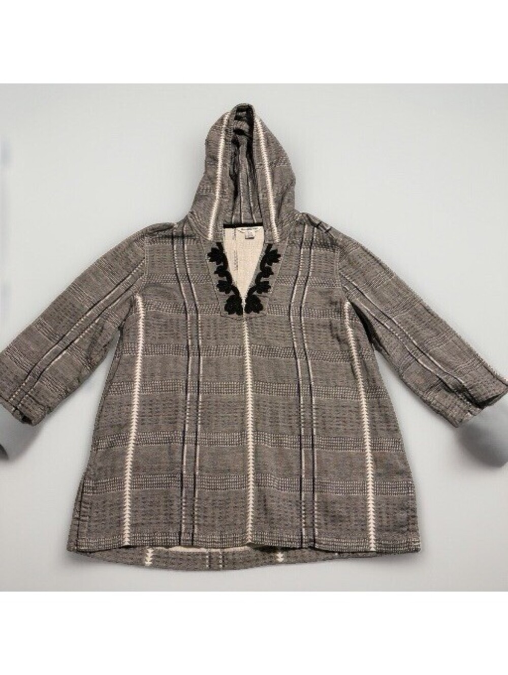 Tommy Bahama Tunic Hoodie Top Womens Large Grey Plaid Embroidered Coastal Boho